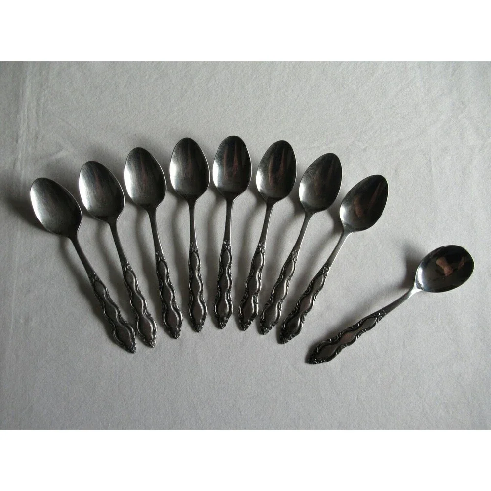 Lot of 9 National Stainless Marquee 8 Teaspoon +1 Sugar Spoon Japan Vintage 6.2